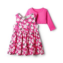 Babyhug Cotton Knit Floral Printed Dress With Full Sleeves Solid Coloured Shrug - Fuchsia