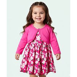 Babyhug Cotton Knit Floral Printed Dress With Full Sleeves Solid Coloured Shrug - Fuchsia