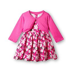 Babyhug Cotton Knit Floral Printed Dress With Full Sleeves Solid Coloured Shrug - Fuchsia