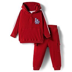 Babyhug Waffle Knit Premium Light Gauge Terry Full Raglan Sleeves Hooded  T-Shirt & Lounge Pant Set With Text Print - Maroon