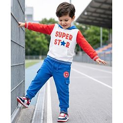 Babyhug Knit Premium Light Gauge Terry Full Sleeves Hooded T-Shirt and Joggers Set With Kangaroo Pockets & Super Star Text Print - Blue & White