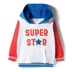 Babyhug Knit Premium Light Gauge Terry Full Sleeves Hooded T-Shirt and Joggers Set With Kangaroo Pockets & Super Star Text Print - Blue & White