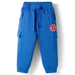Babyhug Knit Premium Light Gauge Terry Full Sleeves Hooded T-Shirt and Joggers Set With Kangaroo Pockets & Super Star Text Print - Blue & White
