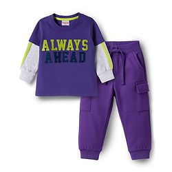 Babyhug Knit Premium Light Gauge Terry Full Doctor Sleeves T-Shirt & Joggers Set with Always Ahead Text Print - Purple