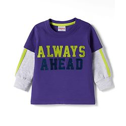 Babyhug Knit Premium Light Gauge Terry Full Doctor Sleeves T-Shirt & Joggers Set with Always Ahead Text Print - Purple