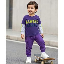 Babyhug Knit Premium Light Gauge Terry Full Doctor Sleeves T-Shirt & Joggers Set with Always Ahead Text Print - Purple