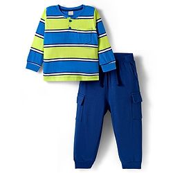 Babyhug Single Jersey Knit Full Sleeves Striped T-Shirt & Lounge Pant Set - Blue