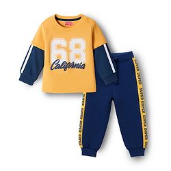 Babyhug Knit Premium Light Gauge Terry Full Doctor Sleeves T-Shirt & Joggers Set with California Text Print -  Yellow & Navy Blue