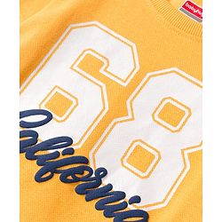 Babyhug Knit Premium Light Gauge Terry Full Doctor Sleeves T-Shirt & Joggers Set with California Text Print -  Yellow & Navy Blue