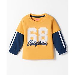 Babyhug Knit Premium Light Gauge Terry Full Doctor Sleeves T-Shirt & Joggers Set with California Text Print -  Yellow & Navy Blue