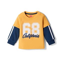 Babyhug Knit Premium Light Gauge Terry Full Doctor Sleeves T-Shirt & Joggers Set with California Text Print -  Yellow & Navy Blue