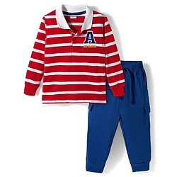 Babyhug Terry Knit Full Sleeves Polo T-Shirt and Pant Set With Stripes  - White & Red