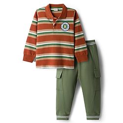 Babyhug Single Jersey Knit Full Sleeves Striped Polo T-Shirt & Lounge Pant Set With Brooklyn Patch - Red & Green