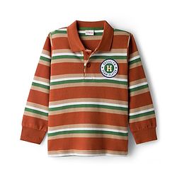 Babyhug Single Jersey Knit Full Sleeves Striped Polo T-Shirt & Lounge Pant Set With Brooklyn Patch - Red & Green