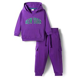 Babyhug Knit Premium Light Gauge Terry Full Sleeves Hooded T-Shirt & Lounge Pant Set With Text Print - Purple