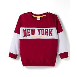 Babyhug Knit Premium Light Gauge Terry Full Sleeves  T-Shirt and Jogger Set With New York Text Print - Red
