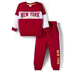 Babyhug Knit Premium Light Gauge Terry Full Sleeves  T-Shirt and Jogger Set With New York Text Print - Red