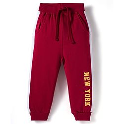 Babyhug Knit Premium Light Gauge Terry Full Sleeves  T-Shirt and Jogger Set With New York Text Print - Red