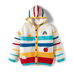 Babyhug Knit Full Sleeves Hooded Front Open Sweater with Stripes & Embroidery - Multicolor