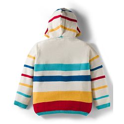Babyhug Knit Full Sleeves Hooded Front Open Sweater with Stripes & Embroidery - Multicolor