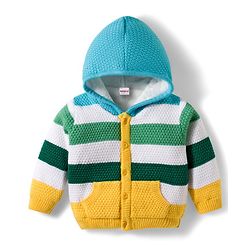 Babyhug Knit Full Sleeves Front Open Hooded Sweater With Stripes - Blue
