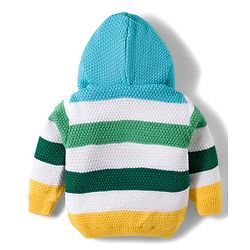 Babyhug Knit Full Sleeves Front Open Hooded Sweater With Stripes - Blue