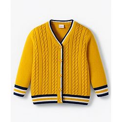 Babyhug Knit Full Sleeves Front Open Sweater with Cable Knit Design - Mustard