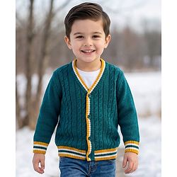 Babyhug Knit Full Sleeves Front Open Sweater With Tape Detailing - Teal Blue