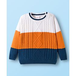 Babyhug Knit Full Sleeves Colorblock Pullover with Cable Knit Design - White & Navy Blue