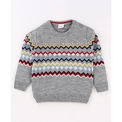 Babyhug Knit Full Sleeves Pullover Sweater with Aztec Design - Grey