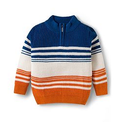 Babyhug Knit Full Sleeves Pullover Sweater with Stripe Design - Navy Blue White & Orange