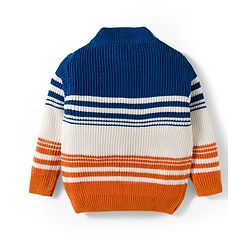 Babyhug Knit Full Sleeves Pullover Sweater with Stripe Design - Navy Blue White & Orange