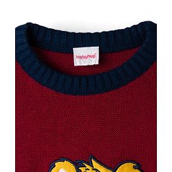 Babyhug Knitted Full Sleeves Pullover Sweater With Animal Embroidery - Dark Red
