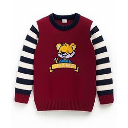 Babyhug Knitted Full Sleeves Pullover Sweater With Animal Embroidery - Dark Red