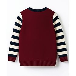 Babyhug Knitted Full Sleeves Pullover Sweater With Animal Embroidery - Dark Red