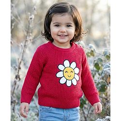 Babyhug Knit Full Sleeves Pullover Sweater with Floral Embroidery - Dark Pink
