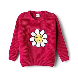 Babyhug Knit Full Sleeves Pullover Sweater with Floral Embroidery - Dark Pink