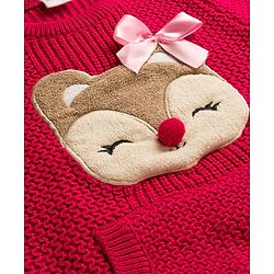 Babyhug Knit Full Sleeves Pullover With Reindeer & Bow Applique and Kangaroo Pocket - Dark Pink