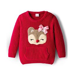 Babyhug Knit Full Sleeves Pullover With Reindeer & Bow Applique and Kangaroo Pocket - Dark Pink