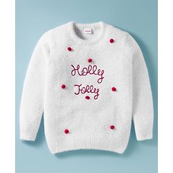 Babyhug Knit Full Sleeves Extra Soft Hairy Yarn Pullover Sweater with Text Embroidery - White