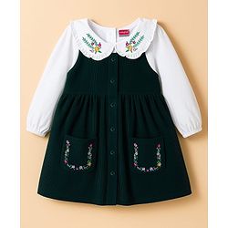 Babyhug Cotton Woven Full Sleeves Frock With Inner Tee & Floral Embroidery - Green