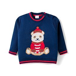 Babyhug Knitted Full Sleeves Sweater Set With Teddy Bear Design - Navy Blue