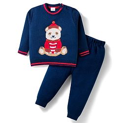 Babyhug Knitted Full Sleeves Sweater Set With Teddy Bear Design - Navy Blue