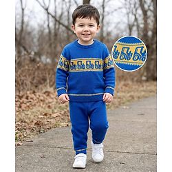 Babyhug Knitted Full Sleeves Sweater Set With Tractor Design - Royal Blue
