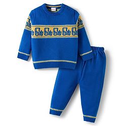 Babyhug Knitted Full Sleeves Sweater Set With Tractor Design - Royal Blue