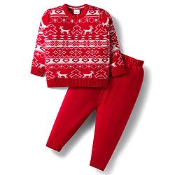 Babyhug Knit Full Sleeves Sweater Set With Deer Design - Red
