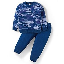 Babyhug Knit Full Sleeves Pullover Sweater Set with Camouflage Design - Navy Blue