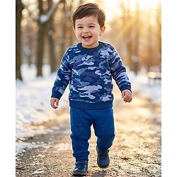 Babyhug Knit Full Sleeves Pullover Sweater Set with Camouflage Design - Navy Blue