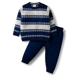 Babyhug Knitted Full Sleeves Striped Sweater Set - Navy Blue