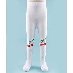 Cute Walk by Babyhug Knit Antibacterial Footed Tights with Cherry Design - White